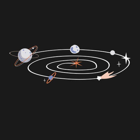 Cartoon abstract spiral galaxy isolated design element. Space galaxy with stars and planets. Vector illustrationのイラスト素材