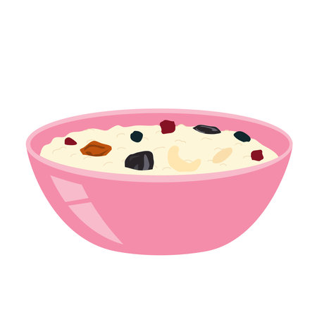 Oatmeal porridge with dried nuts and fruits in bowl isolated on white background. Vector cartoon flat illustration of healthy foodのイラスト素材