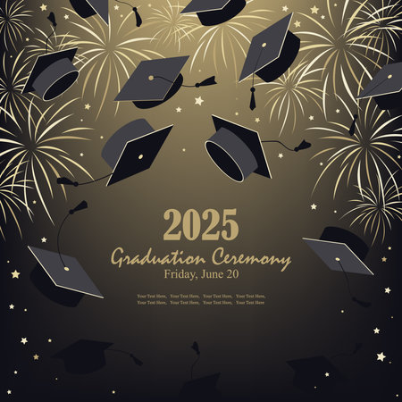 Graduation Ceremony banner template with graduate hats, firework display, and shiny stars. Invitation card for grads party or other graduation celebration design. Vector illustration.のイラスト素材