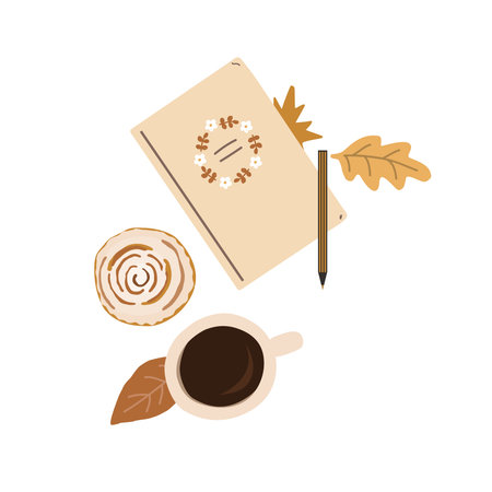 Fall Aesthetic Composition with notebook, coffee, sweets, and dried leaves. Table top view. Vector Autumn illustrationのイラスト素材