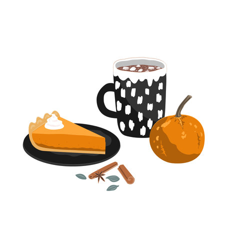 Hand drawn Fall Aesthetic Composition with pumpkin pie piece, cute pumpkin, cocoa mug, and Autumn leaves. Vector illustrationのイラスト素材