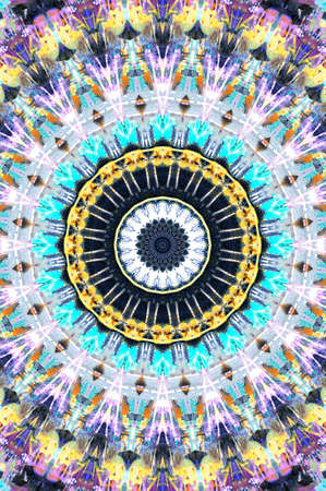 Abstract Colorful Painted Kaleidoscopic Graphic Background. Futuristic Psychedelic Hypnotic Backdrop Pattern With Texture. Folk Ethnic Floral Ornamental Mandala. Vintage Decorative Geometric Mosaicの写真素材