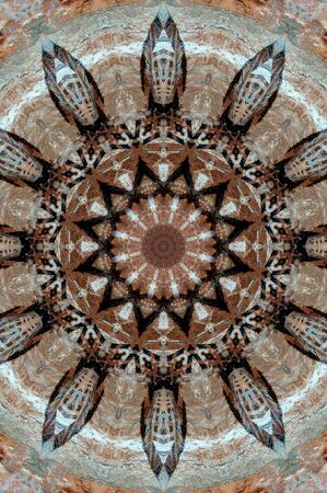 Abstract Colorful Painted Kaleidoscopic Graphic Background. Futuristic Psychedelic Hypnotic Backdrop Pattern With Texture. Folk Ethnic Floral Ornamental Mandala. Vintage Decorative Geometric Mosaicの写真素材