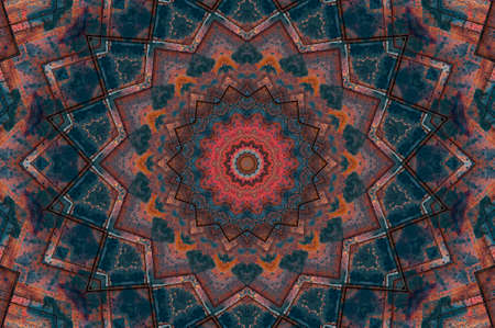 Abstract Colorful Painted Kaleidoscopic Graphic Background. Futuristic Psychedelic Hypnotic Backdrop Pattern With Texture. Folk Ethnic Floral Ornamental Mandala. Vintage Decorative Geometric Mosaicの写真素材