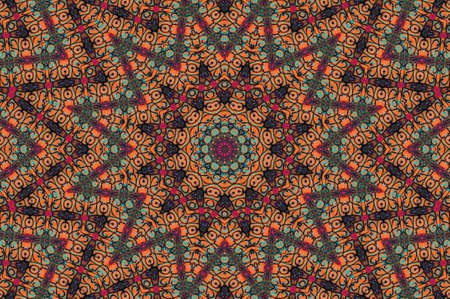 Abstract Colorful Painted Kaleidoscopic Graphic Background. Futuristic Psychedelic Hypnotic Backdrop Pattern With Texture. Folk Ethnic Floral Ornamental Mandala. Vintage Decorative Geometric Mosaicの写真素材