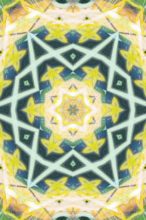Abstract Colorful Painted Kaleidoscopic Graphic Background. Futuristic Psychedelic Hypnotic Backdrop Pattern With Texture. Folk Ethnic Floral Ornamental Mandala. Vintage Decorative Geometric Mosaicの写真素材