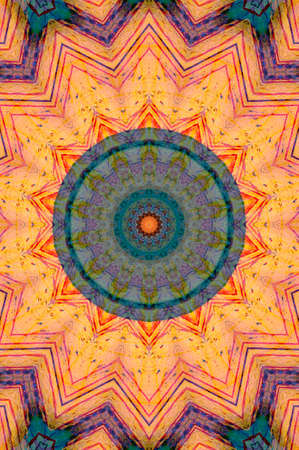 Abstract Colorful Painted Kaleidoscopic Graphic Background. Futuristic Psychedelic Hypnotic Backdrop Pattern With Texture. Folk Ethnic Floral Ornamental Mandala. Vintage Decorative Geometric Mosaicの写真素材