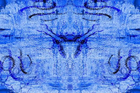 Blue Black White Aged Grunge Wall Background. Navy Old Weathered Peeled Painted Plaster Backdrop. Abstract Antique Cracked Stain Texture Background. Damaged Retro Stucco Scratched Patternの写真素材