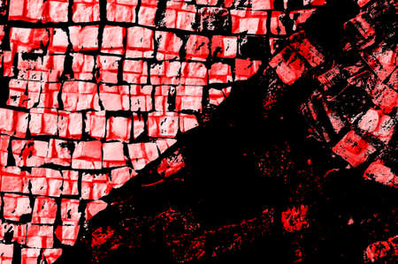 Red Black White Aged Grunge Wall Background. Old Weathered Peeled Painted Plaster Backdrop. Reddish Abstract Antique Cracked Stain Texture Background. Damaged Retro Stucco Scratched Patternの写真素材