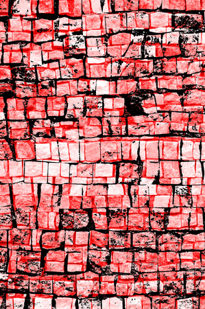 Red Black White Aged Grunge Wall Background. Old Weathered Peeled Painted Plaster Backdrop. Reddish Abstract Antique Cracked Stain Texture Background. Damaged Retro Stucco Scratched Patternの写真素材