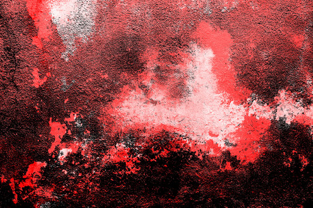 Red Black White Aged Grunge Wall Background. Old Weathered Peeled Painted Plaster Backdrop. Reddish Abstract Antique Cracked Stain Texture Background. Damaged Retro Stucco Scratched Patternの写真素材