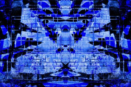 Blue Black White Aged Grunge Wall Background. Navy Old Weathered Peeled Painted Plaster Backdrop. Abstract Antique Cracked Stain Texture Background. Damaged Retro Stucco Scratched Patternの写真素材