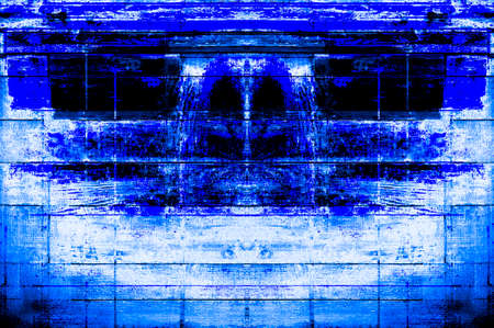 Blue Black White Aged Grunge Wall Background. Navy Old Weathered Peeled Painted Plaster Backdrop. Abstract Antique Cracked Stain Texture Background. Damaged Retro Stucco Scratched Patternの写真素材