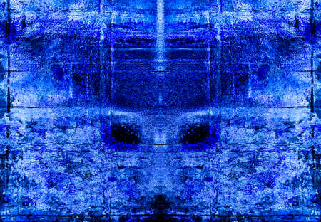 Blue Black White Aged Grunge Wall Background. Navy Old Weathered Peeled Painted Plaster Backdrop. Abstract Antique Cracked Stain Texture Background. Damaged Retro Stucco Scratched Patternの写真素材