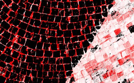 Red Black White Aged Grunge Wall Background. Old Weathered Peeled Painted Plaster Backdrop. Reddish Abstract Antique Cracked Stain Texture Background. Damaged Retro Stucco Scratched Patternの写真素材