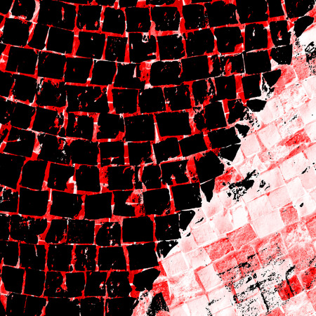 Red Black White Aged Grunge Wall Background. Old Weathered Peeled Painted Plaster Backdrop. Reddish Abstract Antique Cracked Stain Texture Background. Damaged Retro Stucco Scratched Patternの写真素材