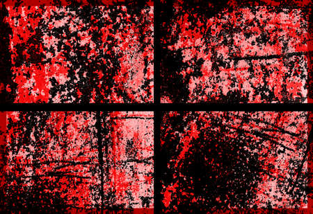 Red Black White Aged Grunge Wall Background. Old Weathered Peeled Painted Plaster Backdrop. Reddish Abstract Antique Cracked Stain Texture Background. Damaged Retro Stucco Scratched Patternの写真素材