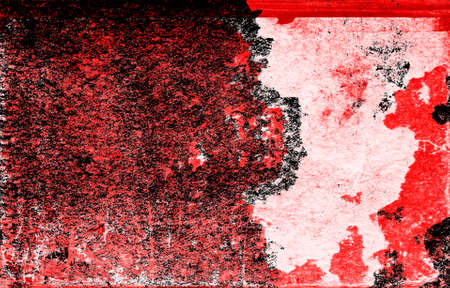 Red Black White Aged Grunge Wall Background. Old Weathered Peeled Painted Plaster Backdrop. Reddish Abstract Antique Cracked Stain Texture Background. Damaged Retro Stucco Scratched Patternの写真素材