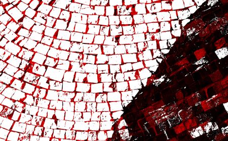 Red Black White Aged Grunge Wall Background. Old Weathered Peeled Painted Plaster Backdrop. Reddish Abstract Antique Cracked Stain Texture Background. Damaged Retro Stucco Scratched Patternの写真素材