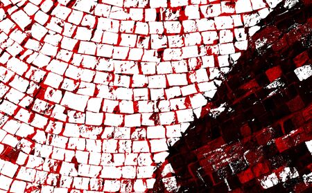 Red Black White Aged Grunge Wall Background. Old Weathered Peeled Painted Plaster Backdrop. Reddish Abstract Antique Cracked Stain Texture Background. Damaged Retro Stucco Scratched Patternの写真素材