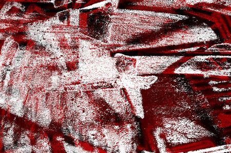 Red Black White Aged Grunge Wall Background. Old Weathered Peeled Painted Plaster Backdrop. Reddish Abstract Antique Cracked Stain Texture Background. Damaged Retro Stucco Scratched Patternの写真素材