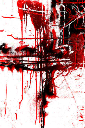 Red Black White Aged Grunge Wall Background. Old Weathered Peeled Painted Plaster Backdrop. Reddish Abstract Antique Cracked Stain Texture Background. Damaged Retro Stucco Scratched Patternの写真素材