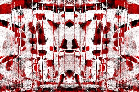 Red Black White Aged Grunge Wall Background. Old Weathered Peeled Painted Plaster Backdrop. Reddish Abstract Antique Cracked Stain Texture Background. Damaged Retro Stucco Scratched Patternの写真素材