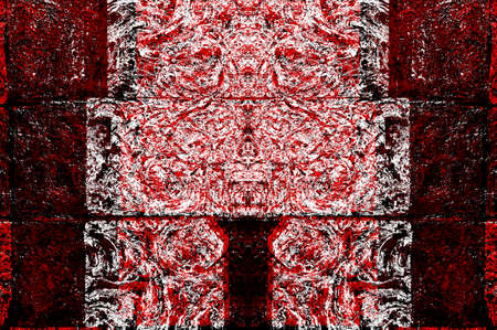 Red Black White Aged Grunge Wall Background. Old Weathered Peeled Painted Plaster Backdrop. Reddish Abstract Antique Cracked Stain Texture Background. Damaged Retro Stucco Scratched Patternの写真素材