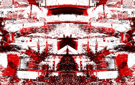 Red Black White Aged Grunge Wall Background. Old Weathered Peeled Painted Plaster Backdrop. Reddish Abstract Antique Cracked Stain Texture Background. Damaged Retro Stucco Scratched Patternの写真素材