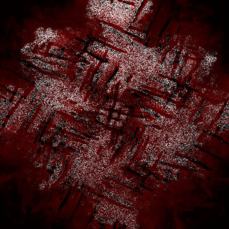 Red Black White Aged Grunge Wall Background. Old Weathered Peeled Painted Plaster Backdrop. Reddish Abstract Antique Cracked Stain Texture Background. Damaged Retro Stucco Scratched Patternの写真素材