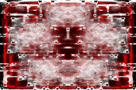 Red Black White Aged Grunge Wall Background. Old Weathered Peeled Painted Plaster Backdrop. Reddish Abstract Antique Cracked Stain Texture Background. Damaged Retro Stucco Scratched Patternの写真素材