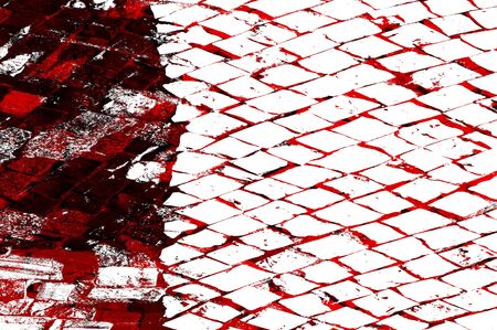 Red Black White Aged Grunge Wall Background. Old Weathered Peeled Painted Plaster Backdrop. Reddish...
