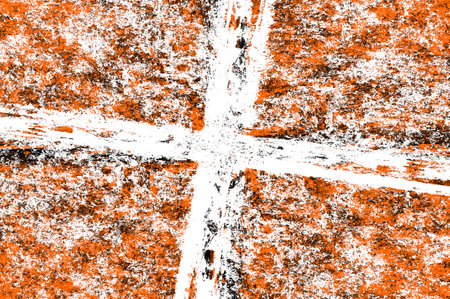Orange Black White Aged Grunge Wall Background. Old Weathered Peeled Painted Plaster Backdrop. Reddish Abstract Antique Cracked Stain Texture Background. Damaged Retro Stuccoの写真素材