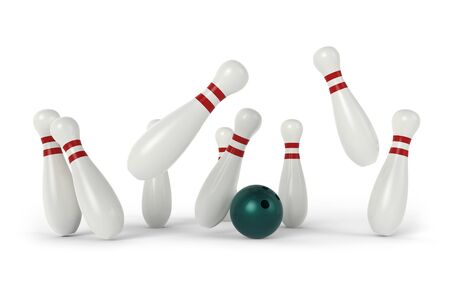 Bowling ball crashing into the pins on white background 3D renderingの写真素材