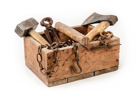 Old wooden toolbox on white backgroundの写真素材