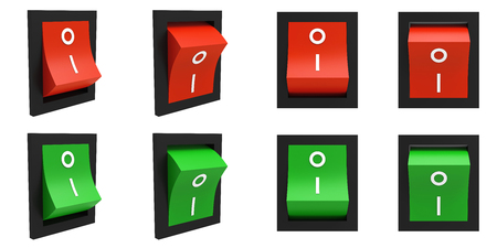 Red and green electric switches different on and off positions isolated on white background 3D renderingの写真素材