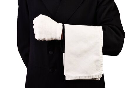 Men with suit, white gloves and towel isolated White backgroundの写真素材