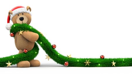 Christmas Teddy bear with Santa Claus hat and garland isolated on white background 3D renderingの写真素材