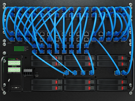 Network server panel, switch and patch cable in data center, 3D renderingの写真素材