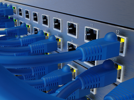 Network server panel, switch and patch cable in data center, 3D rendering