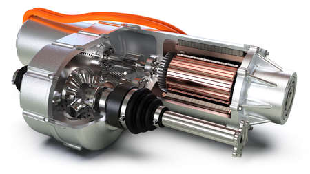 Electric motor car engine cross section closeup view, 3D rendering