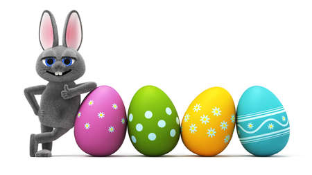 Cute easter bunny holding a colored eggs decorated with ornaments, isolated on white background 3D...