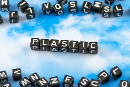 The word plastic on the sky backgroundの写真素材