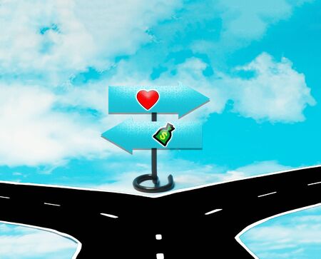 The dilemma between love or money in the symbol of road signsの写真素材