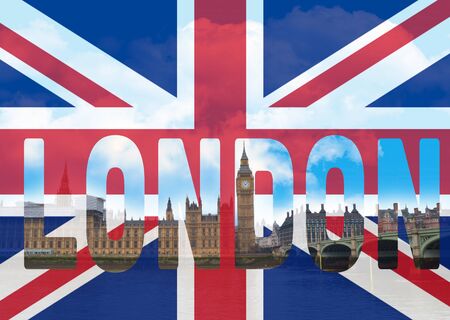 London on a flag backgroundの写真素材