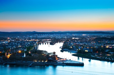 The German Corner (Deutsches Eck) in Koblenz, Germany. Confluence of the Mosel into the Rhine. 2 Exposures blended manually (1 exposure for the foreground and 1 exposure for the sky). Part of the World Heritage Site - Upper Middle Rhine Valley.の写真素材