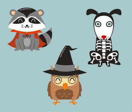 Halloween animals racoon, owl and dog in cartoon costumesのイラスト素材