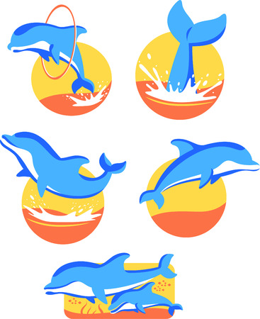 Five Dolphin icons set, with five different dolphins in five different situations vector illustration.のイラスト素材