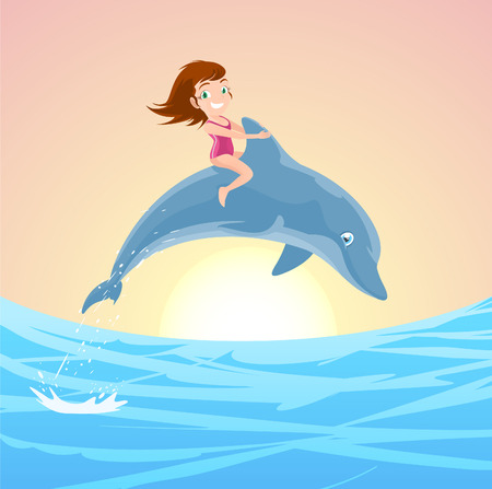 Little Girl Riding on the Jumping Dolphinのイラスト素材