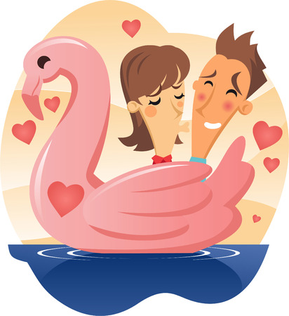 Love Swan boat Woman Kissing Shy Man cartoonのイラスト素材